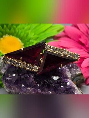 Deep Garnet Color Crystal Brooch Gold Tone Metal Geometric Shapes